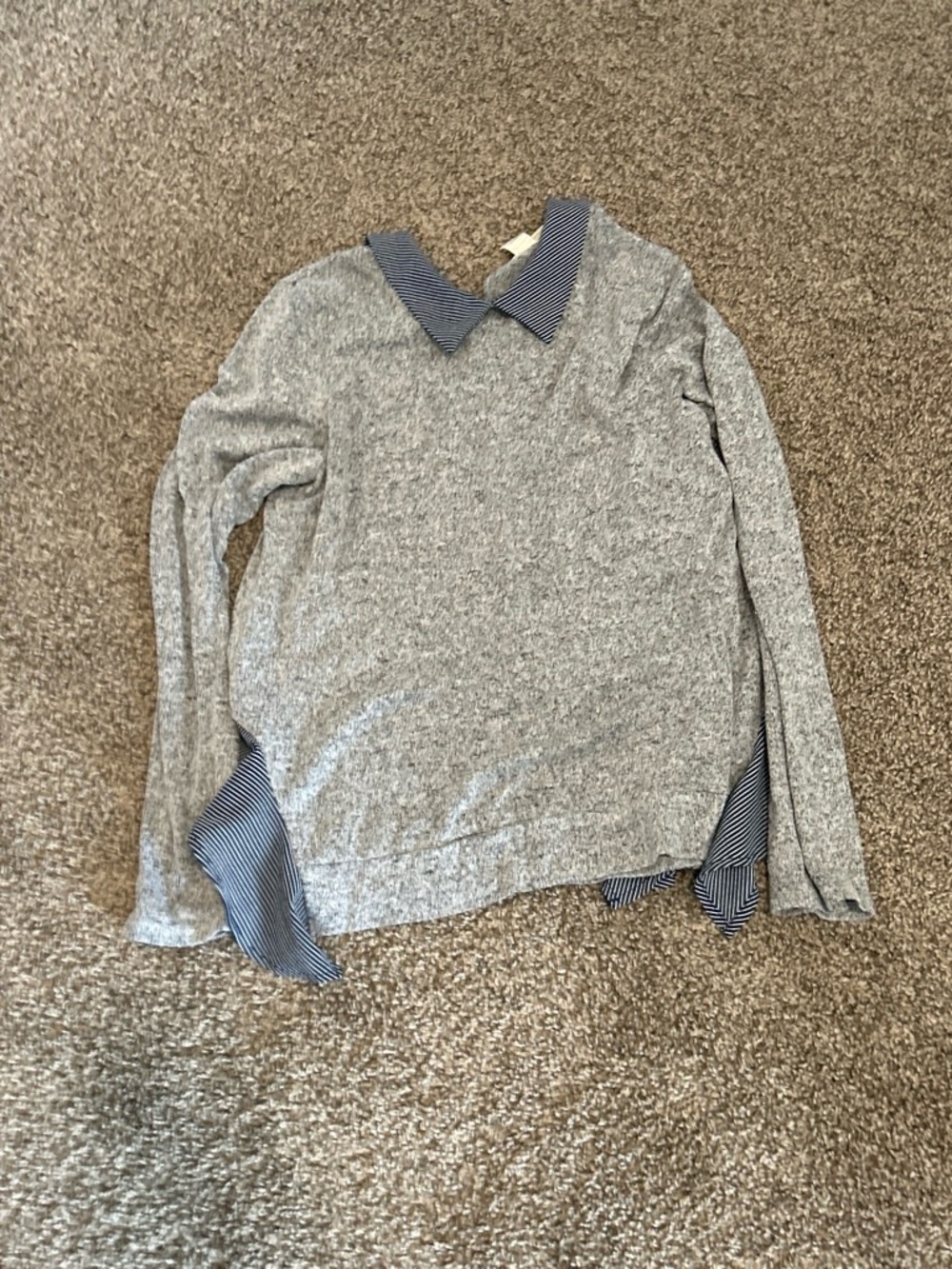 Monteau Gray Knit Sweater with Navy & White Striped Collar
